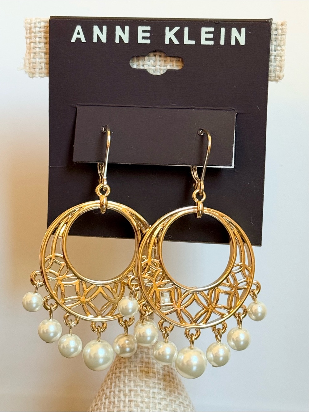 Anne Klein Gold Tone White Pearl Cutout Drop Earrings